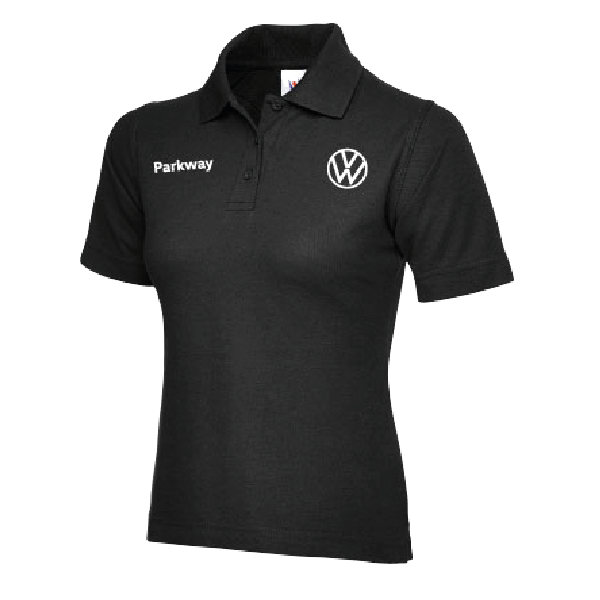 Ladies black VW branded polo shirt car dealer uniform