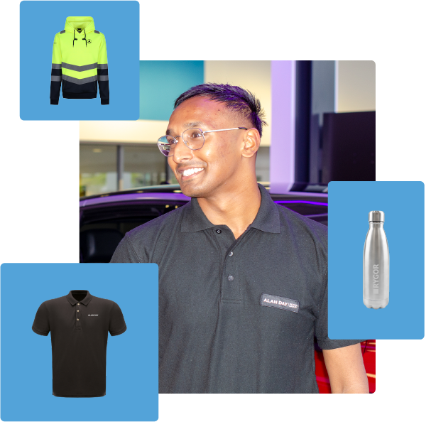 sales professional in black polo shirt with smaller high vis jacket, polo shirt, branded drinks bottle